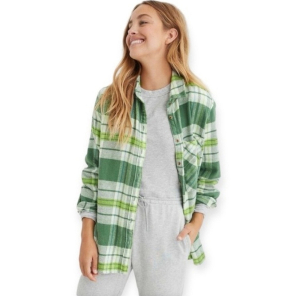 Aerie Anytime Fave Green Cotton Button Down Plaid Flannel Shirt